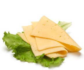 cheese slices  and salad leaves isolated on white background cut