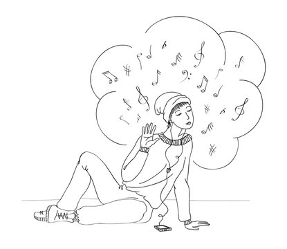 Illustration teen girl listening to music on headfhones. Lovely music. Character design. Cute girl illustration. Vector template for design.