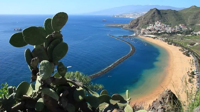 Tropical white sand beach Teresitas located in San Andres near Santa Cruz De Tenerife.Aerial view. Dolly shot.