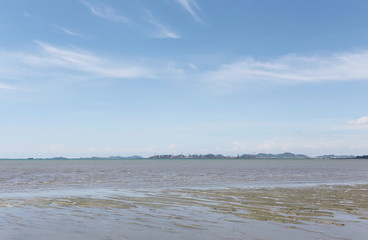 Sea coast and dry water in sunny on blue sky background.