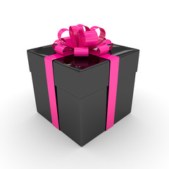 3d rendering of black gift box with pink ribbon isolated over wh