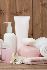 Fototapeta na wymiar Spa Kit. Shampoo, Soap Bar And Liquid. Toiletries