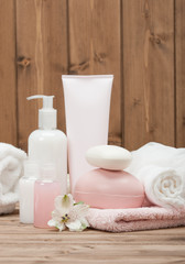 Obraz na płótnie Canvas Spa Kit. Shampoo, Soap Bar And Liquid. Toiletries