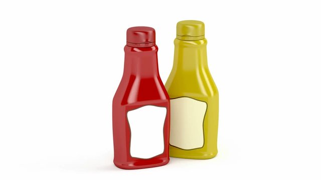 Ketchup and mustard bottles with blank labels on white background