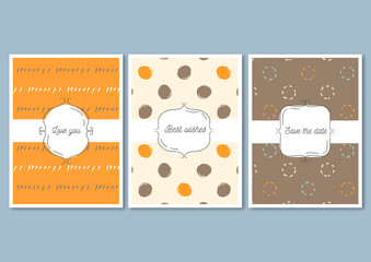 Set of invitation cards with hand drawn patterns. Invite wedding templates or greeting cards. Orange and brown colors.