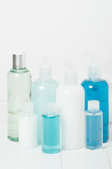 Fototapeta na wymiar Shampoo, Liquid Soap, Shower Gel. Toiletries.