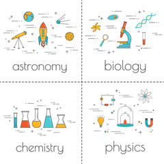 Set of line art icons. Educational and science concept. Colorful illustration of school subjects.