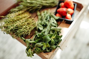 Fresh mint in a wooden box