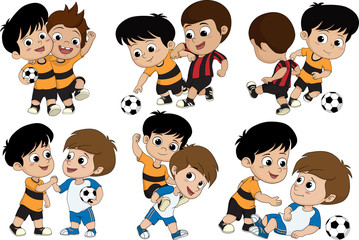 Set of Cute kid played football with friends. - obrazy, fototapety, plakaty
