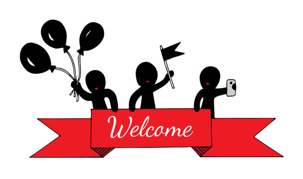 Abstract people hold a red ribbon with Welcome text