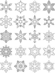 Set of different silhouettes snowflakes flat linear vector icons isolated on white background. Vector illustration.