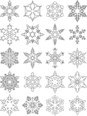 Zelfklevend Fotobehang Set of different silhouettes snowflakes flat linear vector icons isolated on white background. Vector illustration. © yustus