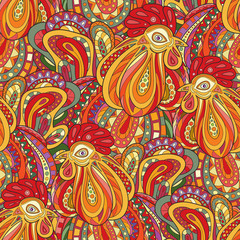 Seamless pattern of hand-painted roosters.The symbol of the Chinese new 2017. Zodiac Animals. 