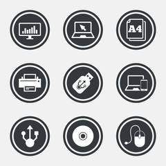 Computer devices icons. Printer, laptop signs.