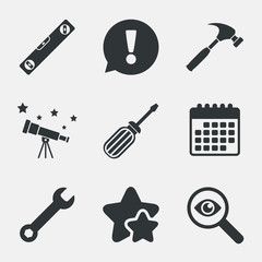 Screwdriver and bubble level, hammer.