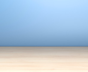 Interior room, wooden table on background blue wall. 3D renderin