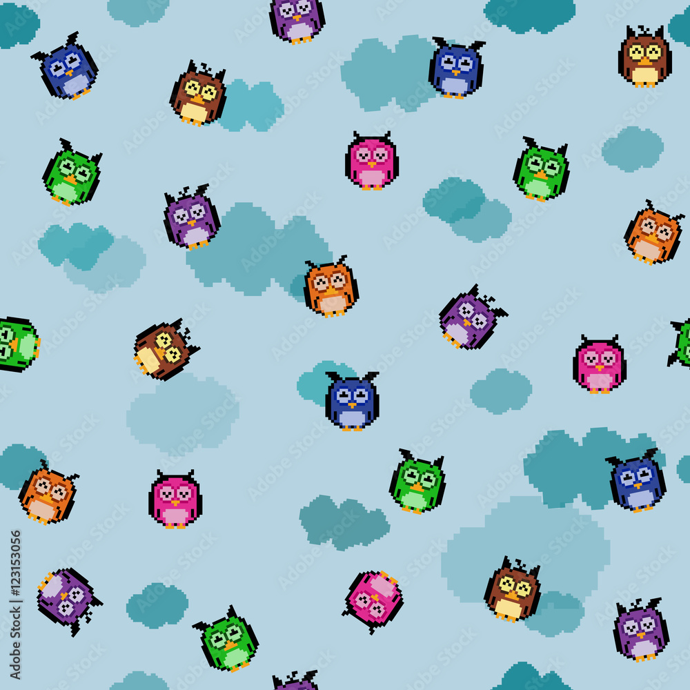 Poster illustration of pattern pixel owls. vector of pattern pixel colo
