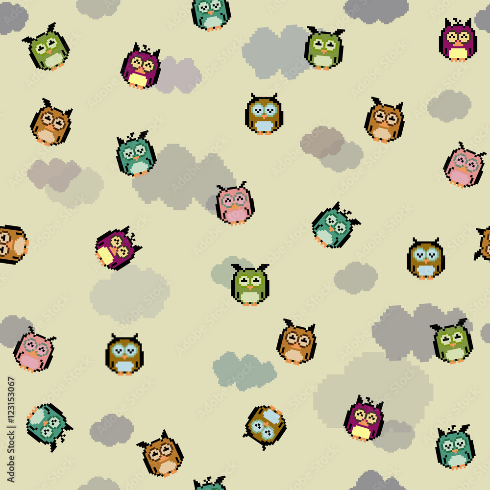 Poster illustration of pattern pixel owls. vector of pattern pixel colo