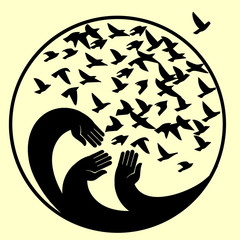 Hands, mourners birds. Vector illustration in the circle . The symbol of the blue planet.