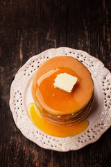  Pancakes on Rustic Wooden Board