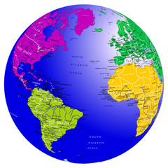 World map countries globe. Planet Earth with colored continents.