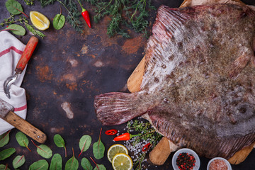 Flounder raw fish on a dark background,with fresh ingredients. Chili pepper,salt,herbs,lemon,pepper.Healthy food concept.Copy space. selective focus.