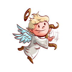 Colorful vector illustration of a cartoon cute angel, playing a lyre and flying.