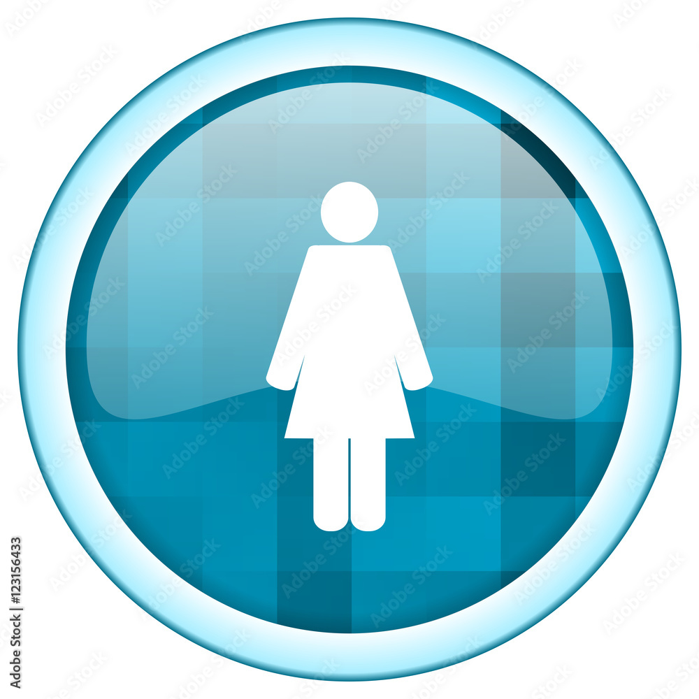 Poster blue round vector female gender icon on white background with lightblue border and white symbol over