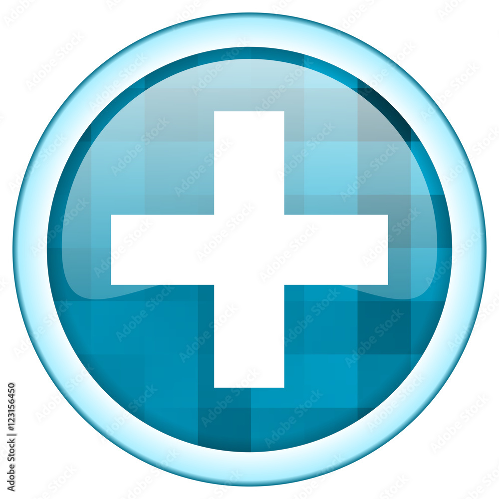 Fototapete blue round vector cross icon on white background with lightblue border and white symbol over glossy 