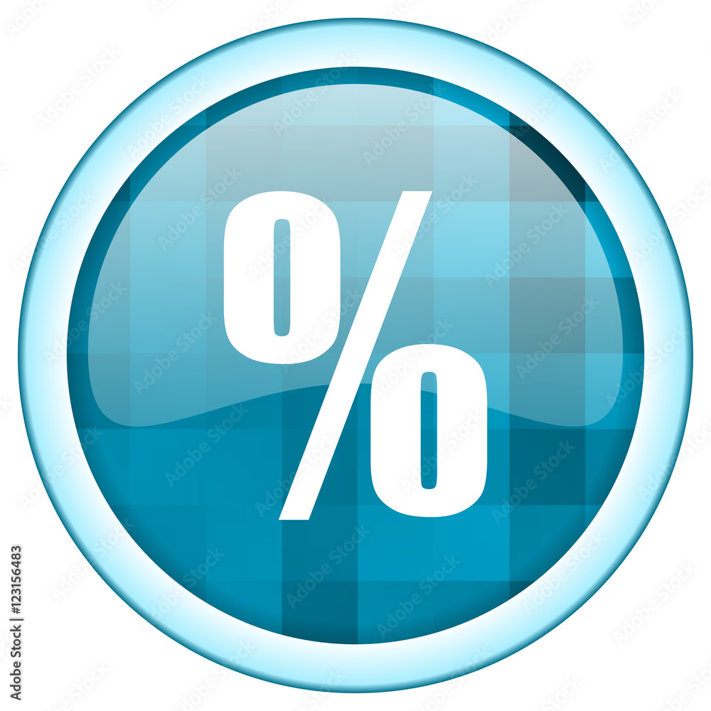 Poster Blue round vector percentage icon on white background with lightblue border and white symbol over glossy button structure