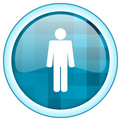 Blue round vector male gender icon on white background with lightblue border and white symbol over glossy button structure