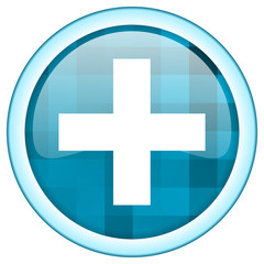 Blue round vector cross icon on white background with lightblue border and white symbol over glossy button structure