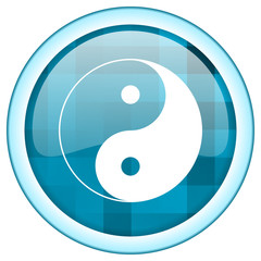 Blue round vector ying yang icon on white background with lightblue border and white symbol over glossy button structure