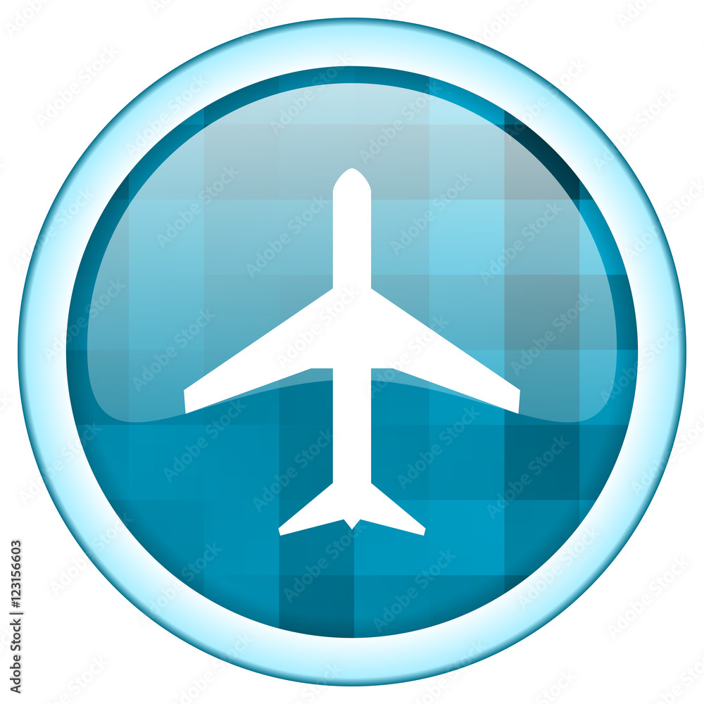 Poster blue circle vector airport icon. round internet glossy airplane button. web design graphic element.