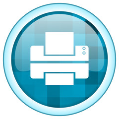 Blue circle vector printer icon. Round internet glossy print button. Web design graphic element. 