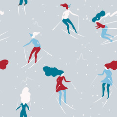 Winter seamless pattern with skiers. Cartoon girls skiing. Background great for wrapping paper and wallpapers.