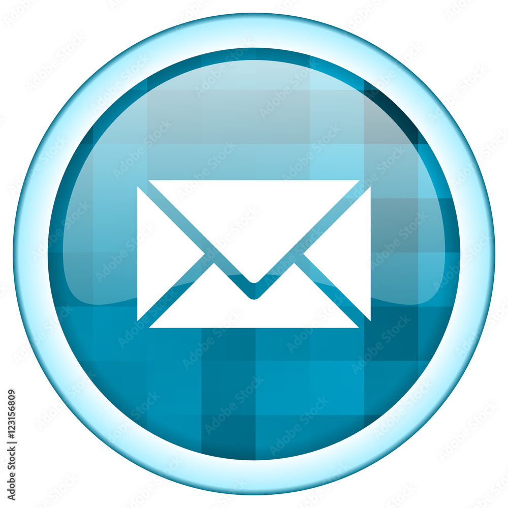 Poster Blue circle vector envelope icon. Round internet glossy letter button. Web design graphic element. 