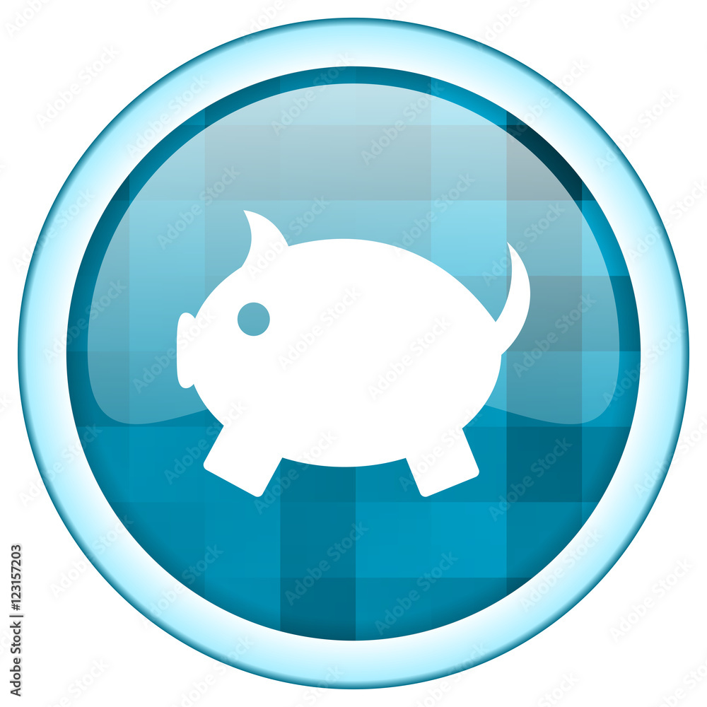 Poster Blue circle vector piggy bankicon. Round internet glossy pig button. Web design graphic element. 