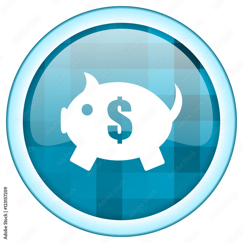 Poster Blue circle vector piggy bank icon. Round internet glossy button. Web design graphic element. 