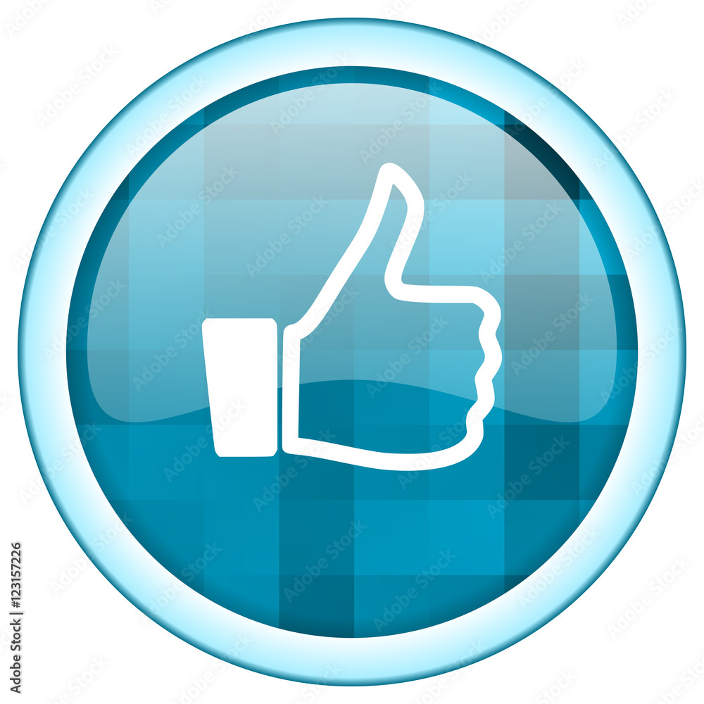 Aufkleber Blue circle vector like icon. Round internet glossy thumb up button. Web design graphic element. 