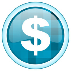 Blue circle vector dollar icon. Round internet  cash glossy button. Webdesign graphic element. 