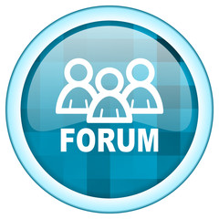 Blue circle vector forum icon. Round internet  glossy social media button. Webdesign graphic element. 