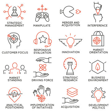 Vector set of 16 icons related to business management, strategy, career progress and business process. Mono line pictograms and infographics design elements - part 40