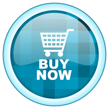 Blue circle vector buy now icon. Round internet  glossy shopping cart button. Webdesign graphic element. 