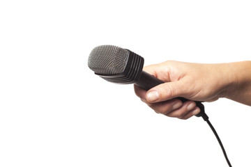 Hand with microphone isolated on white background