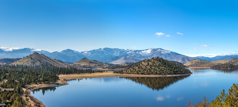 Panorama of valley reservoir lake by Mount Shasta in northern California