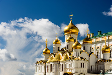 The orthodox cathdral with its golden domes inside the Kremlin i