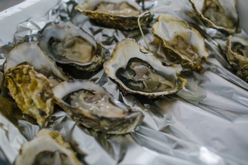Opened mussels lie over the foil