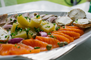 Green onion covers a plate with fish and potatoes