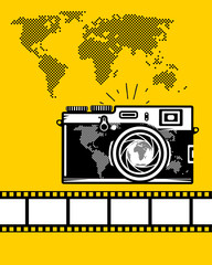 Travel vector set of camera, map and camera roll on yellow